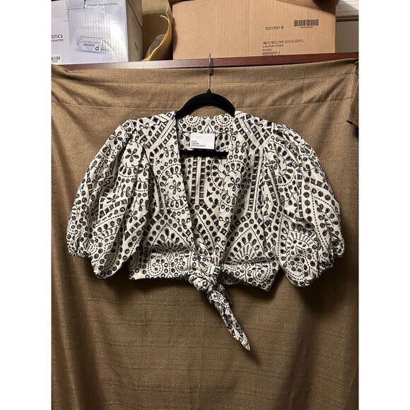 Lisa Marie Fernandez Printed V Neck Eyelet Crop Top Size 2 Black Cream - Picture 1 of 8
